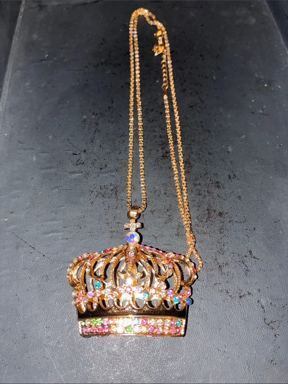 Gold Crown Pendant Necklace with Multicolor Crystals